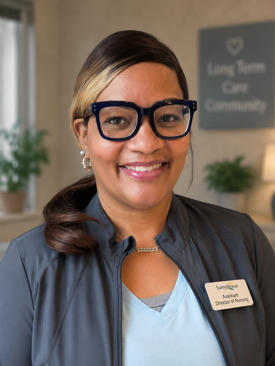 African american black registered nurse with black framed glasses